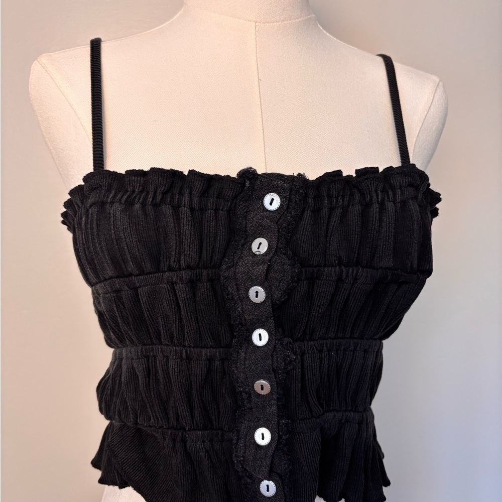 POL Black Ruched Fun Crop Top Button Detail Adjustable Spaghetti Strap Sz Small